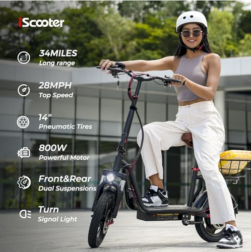 iScooter Electric Scooter with Seat, 37/21 Miles Long Range & 28/19/15.6 MPH Top Speed, 14"/12"/10" Pneumatic Tire