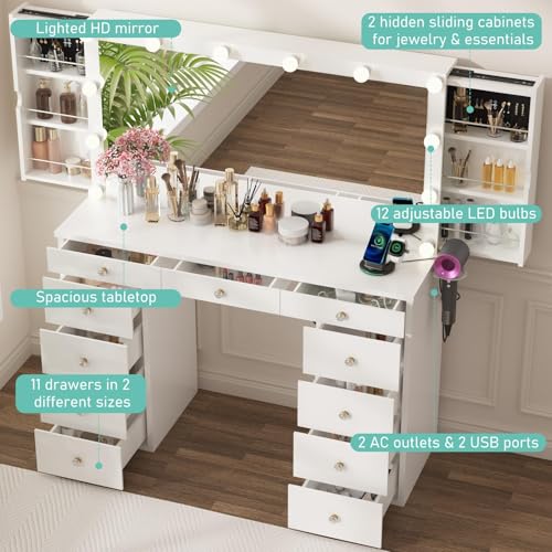 Likein Vanity Desk with Mirror and Lights, White Vanity with Jewelry Storage Cabinet, Makeup Dressing Table with 11 Drawers, Charging Station