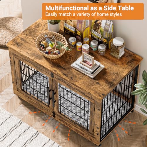Lulive Dog Crate Furniture for Medium Dogs, 32'' Dog Kennel Indoor with Cushion & Wheels Wooden Dog Cage Double Doors Dog Crate End Table, Grey
