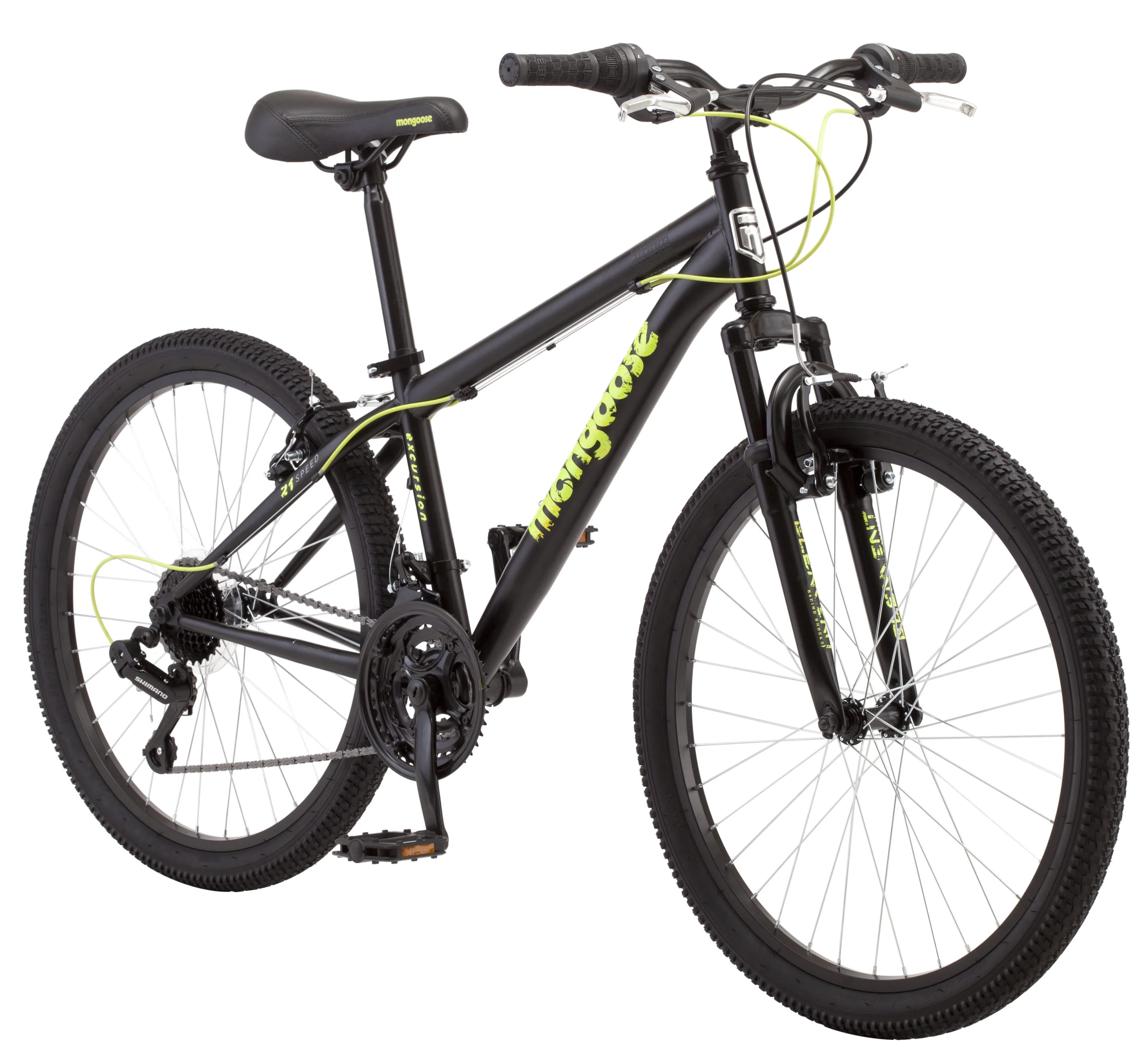 Mongoose Excursion mountain bike, 24-inch wheel, 21 speeds, boys, black