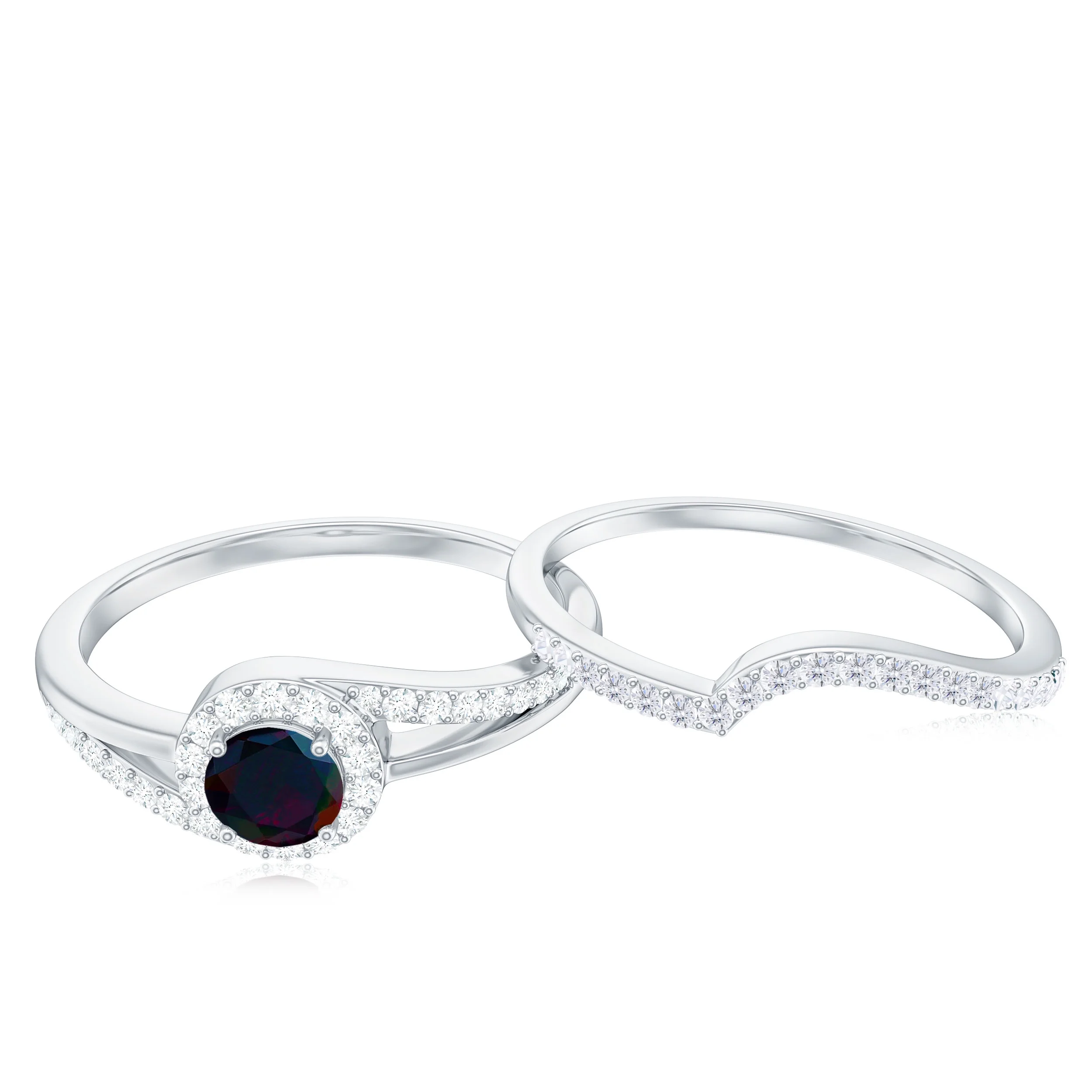 Natural Black Opal Ring Set with Diamond for Women (AAA Quality), 925 Sterling Silver, US 4.00