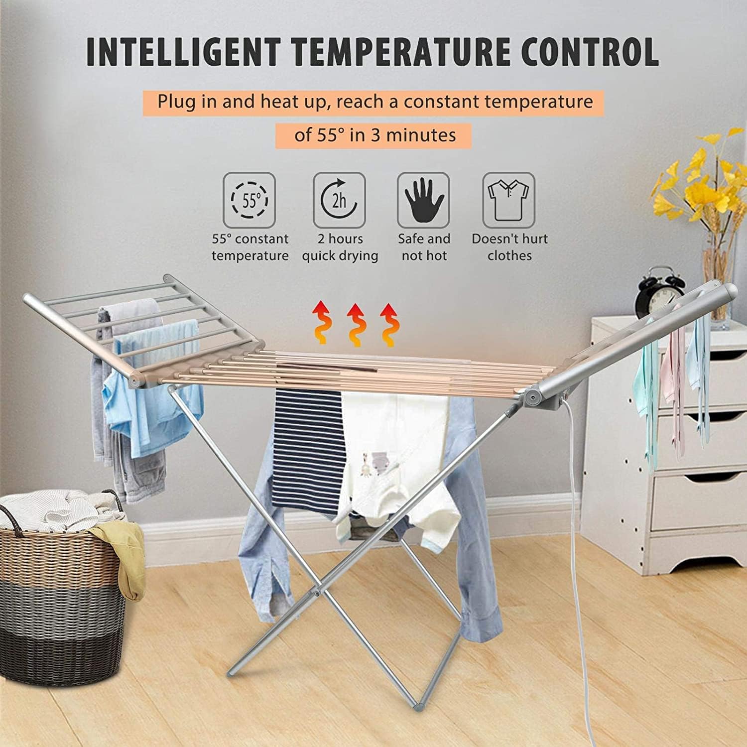 Heated Clothes Drying Rack, Folding Electric Clothes Drying Rack, Collapsible Laundry Drying Rack