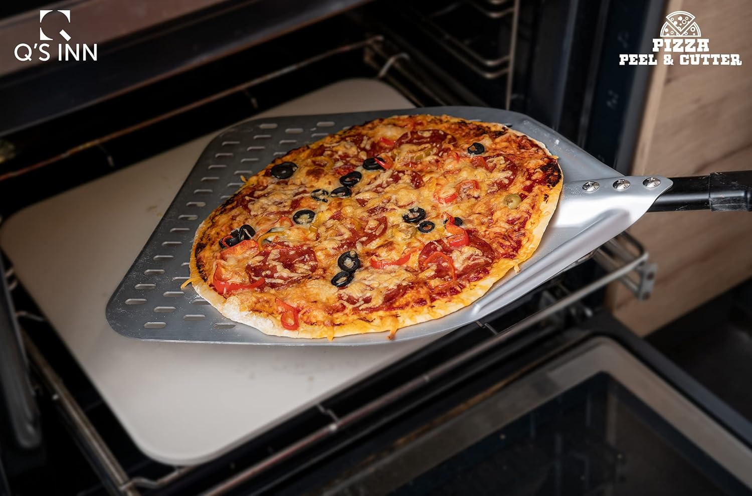 Perforated Pizza Peel 12x14 Inch from Anodized Aluminum Pizza Paddle and Pizza Tuning Peel. The perfect set for your Home Made Pizza by Q's INN. Pack