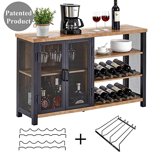 BON AUGURE Industrial Bar Cabinet for Liquor and Glasses, Rustic Wood and Metal Wine Rack Table, &nbsp;Accent Sideboard Buffet with Doors (47 Inch