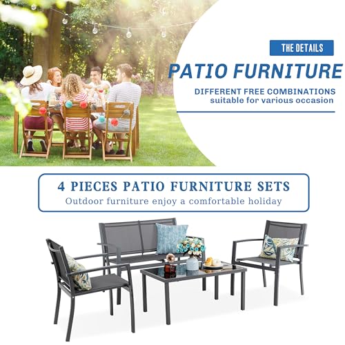 Vongrasig 4 Pieces Patio Furniture Sets,Outdoor Patio Conversation Sets with Glass Coffee Table, Small Porch Balcony Furniture
