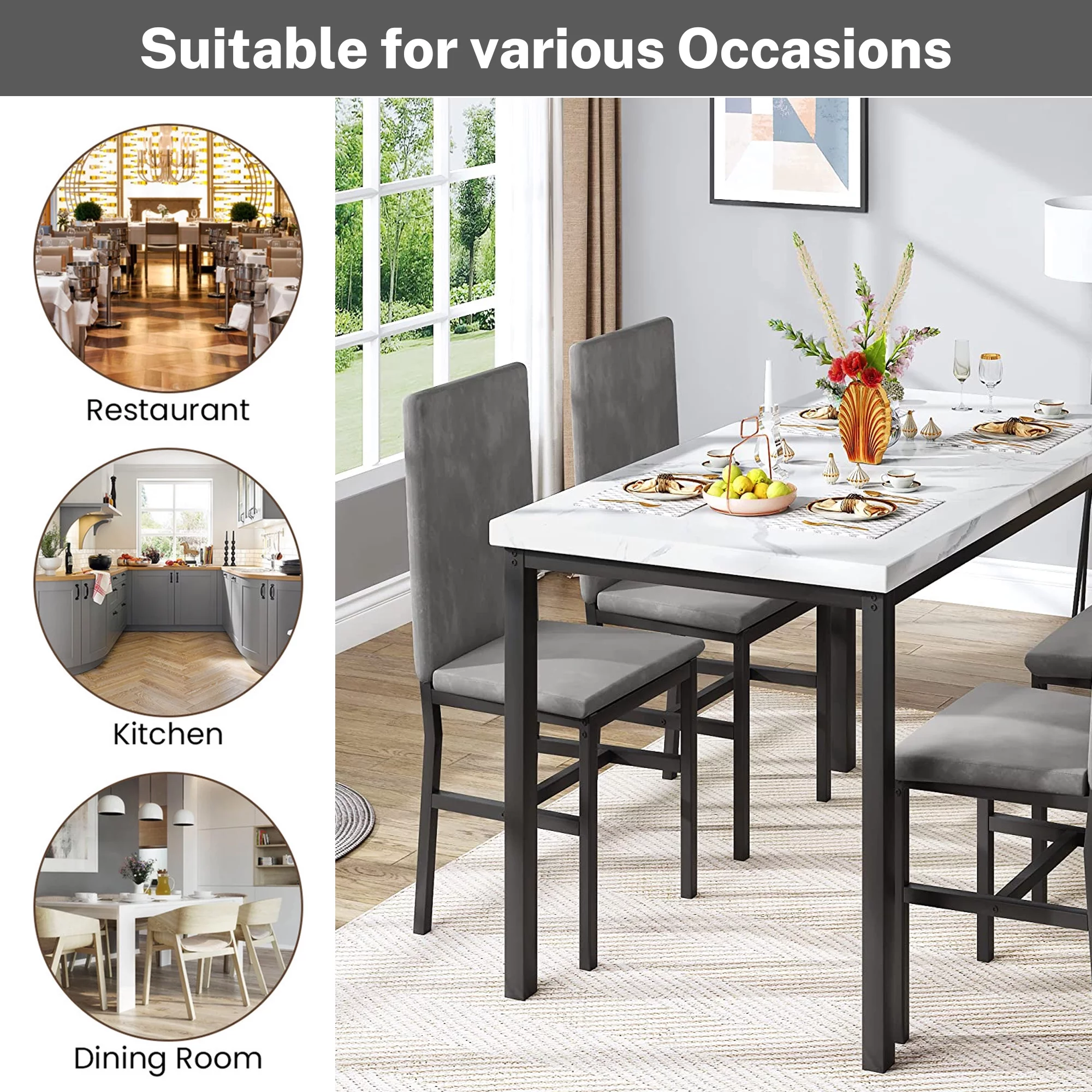 Modern Dining Table Set for 4, Faux Marble Table and Velvet Fabric Upholstered Chairs Set, 5 Piece Kitchen Dining Set