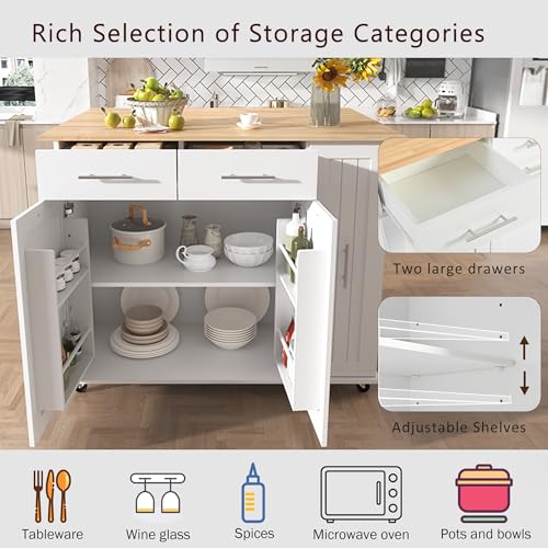 55.7'' Large Kitchen Island with 2 Drop Leaf, Rolling Kitchen Cart on 5 Wheels with Power Outlet