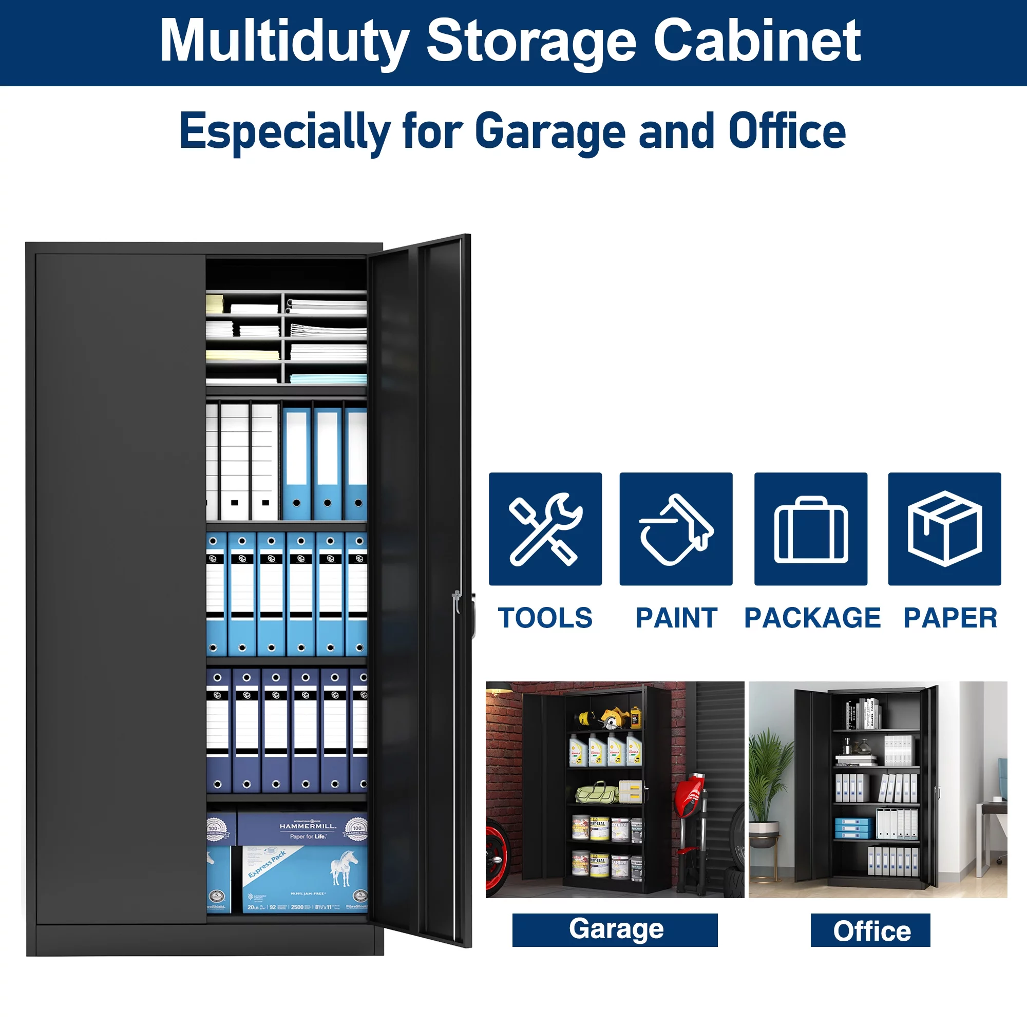 AOBABO Metal Storage Cabinet with Lock,Garage Storage Cabinet with 4 Adjustable Shelves,Tool Storage Cabinets with 2 Door,Black,Assembly Required