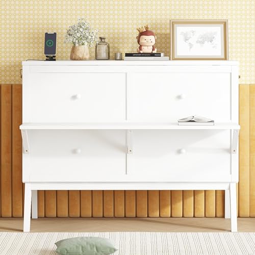 KEIKI Queen Size Cabinet Murphy Bed with Charging Station and Drawer, Multiple Storage Foldable Hideaway Wall Murphy Bed Frame with Solid Slat