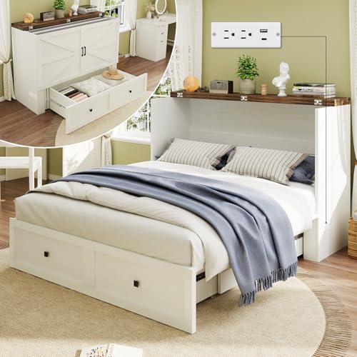 Full Size Murphy Bed with Charging Station, Cabinet Bed with Large Storage Drawer for Home Office or Small Room, Full Foldable Platform Bed, White