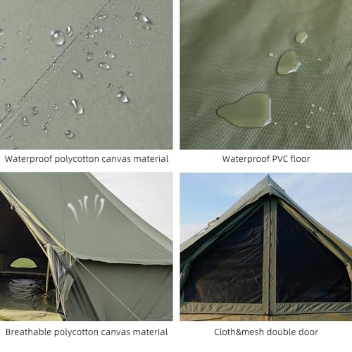 Cotton Canvas Bell Tent with Stove Jack, Roomy Yurt for Family Glamping Camping, 4 Season Tent with Zipped Removable Floor