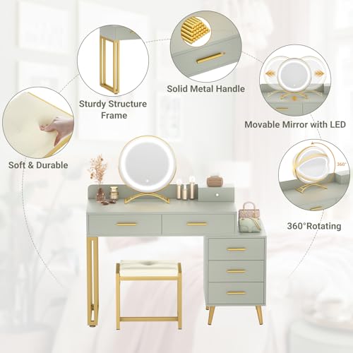 White Vanity Desk with Mirror and Lights, Modern Makeup Vanity Table Set with 6 Storage Drawers and Cushioned Stool for Bedroom