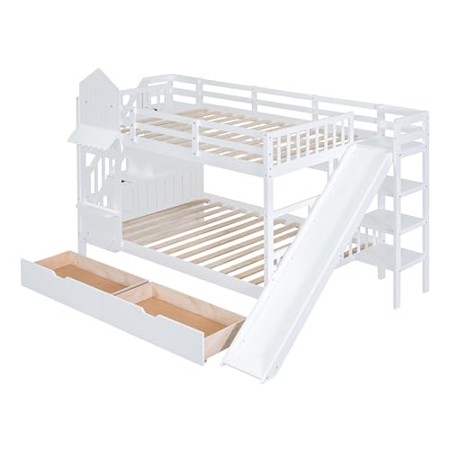 SOFTSEA Twin Over Twin Bunk Bed with Slide and Storage Solid Wood Bunk Bed Frame with Staircase and Drawers, Pink