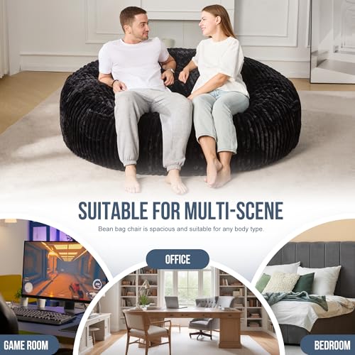 Hobestluk 5ft Bean Bag Chairs for Adults Large Beanbag Chair with Stripe Plush Cover Big Bean Bag Chair for Living Room Bedroom Dorm Office -Black