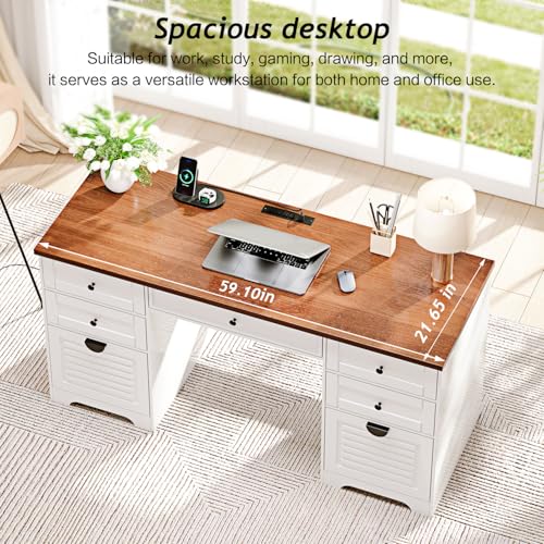 59" Home Office Desks, Executive Desk, Farmhouse Computer Desk with 7 Drawers and Charging Station, File Drawer, Rustic Computer Writing Desk