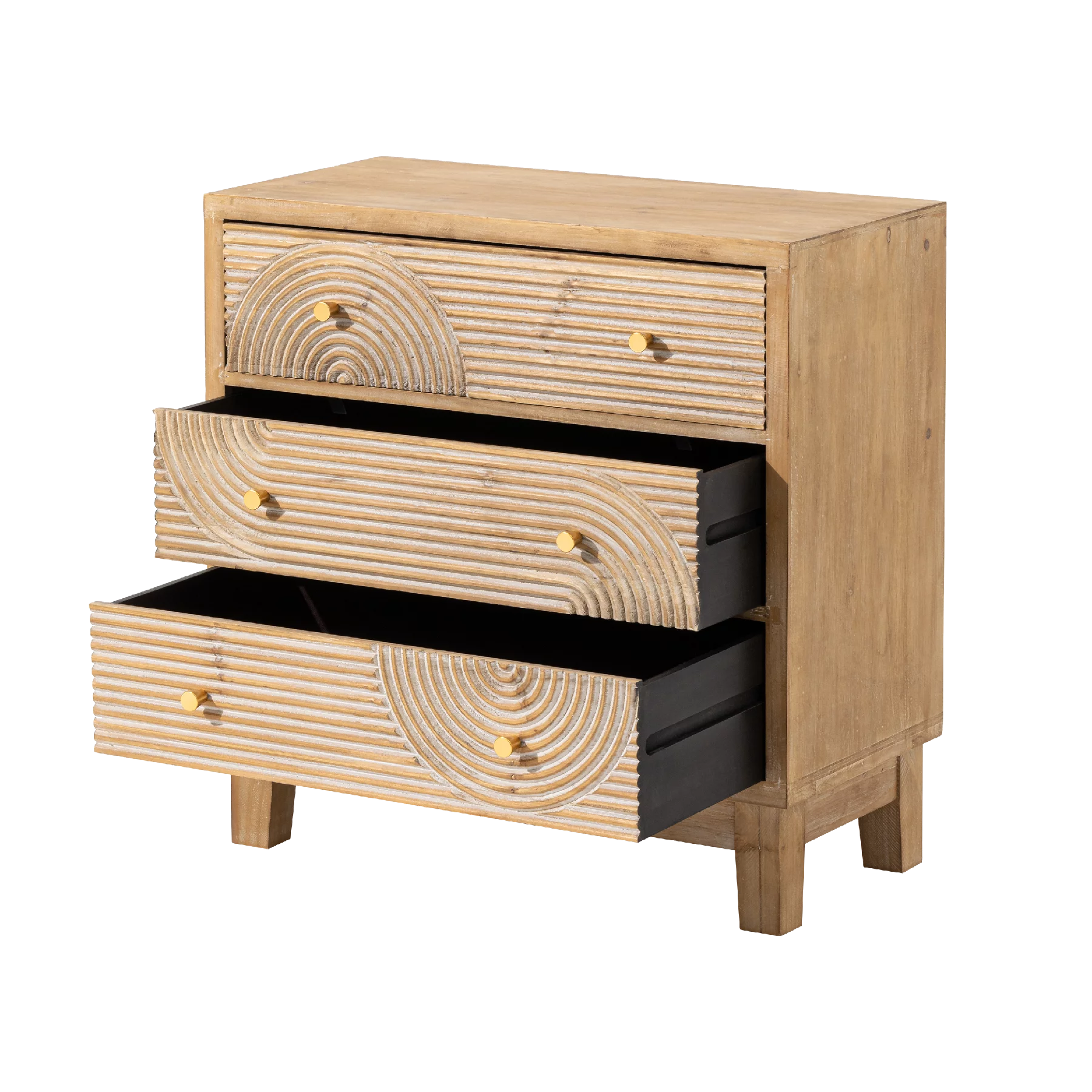 COZAYH 3-Drawer Farmhouse Dresser with Handicraft Wood Ring Motif, Fully Assembled Nightstand Wooden Finish for Boho, Mid-century, Rustic Style
