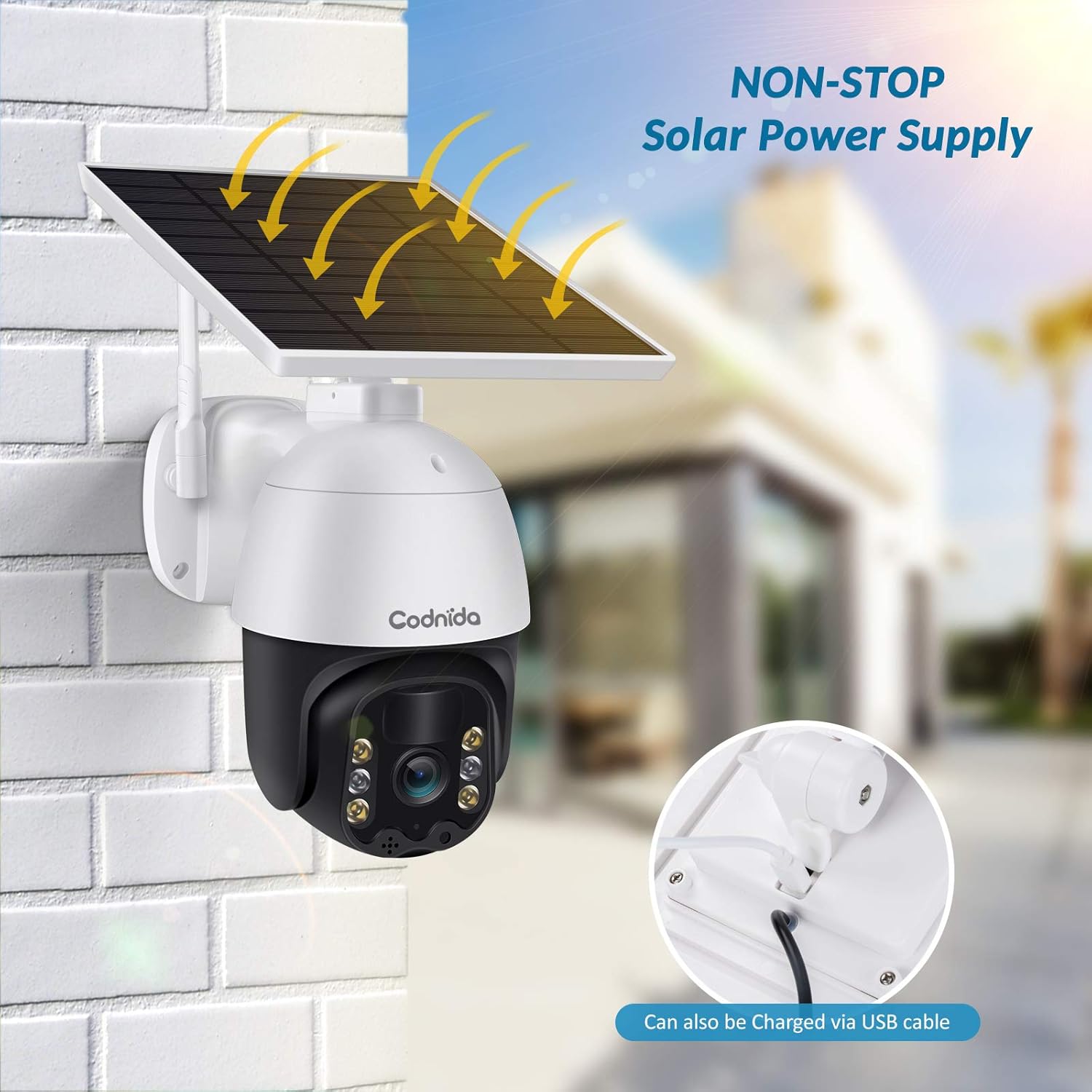 Home Security Camera Outdoor, Wireless WiFi Pan Tilt Rechargeable Solar Battery Powered Camera 360° View, 1080P HD, Motion Detection