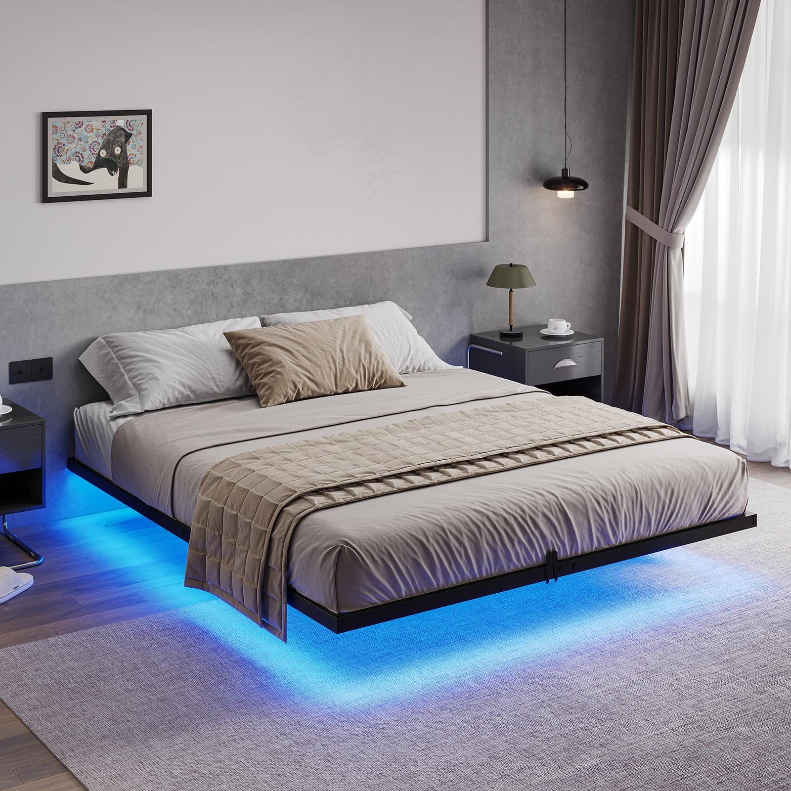 Queen Size Floating Bed Frame with LED Lights, Black Metal Platform Bed, No Box Spring Needed, Easy to Assemble