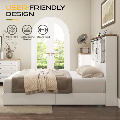HOWE King Size Bed Frame, Wood Platform Bed Frame with 51.2" Bookcase Headboard, Storage Bed with Sliding Barn Door Charging Station 2 Drawers
