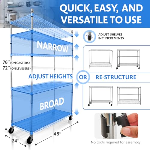 4000 LBS Heavy Duty Wire Rack 48 x 24 x 76, 5-Tier NSF Commercial Rolling Rack with Wheels, Chrome Metal Shelving Unit for Garage, Kitchen, Warehouse