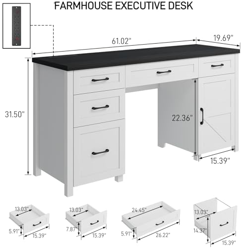 Farmhouse 61'' Executive Desk with 5 Drawers, Rustic Office Desk Computer Desk with Charging Station, File Drawers and Storage Cabinet