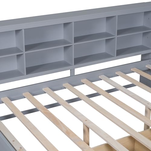 Twin Size Daybed with Bookcase and Drawers, L-Shape Daybed with USB Ports and Storage Headboard