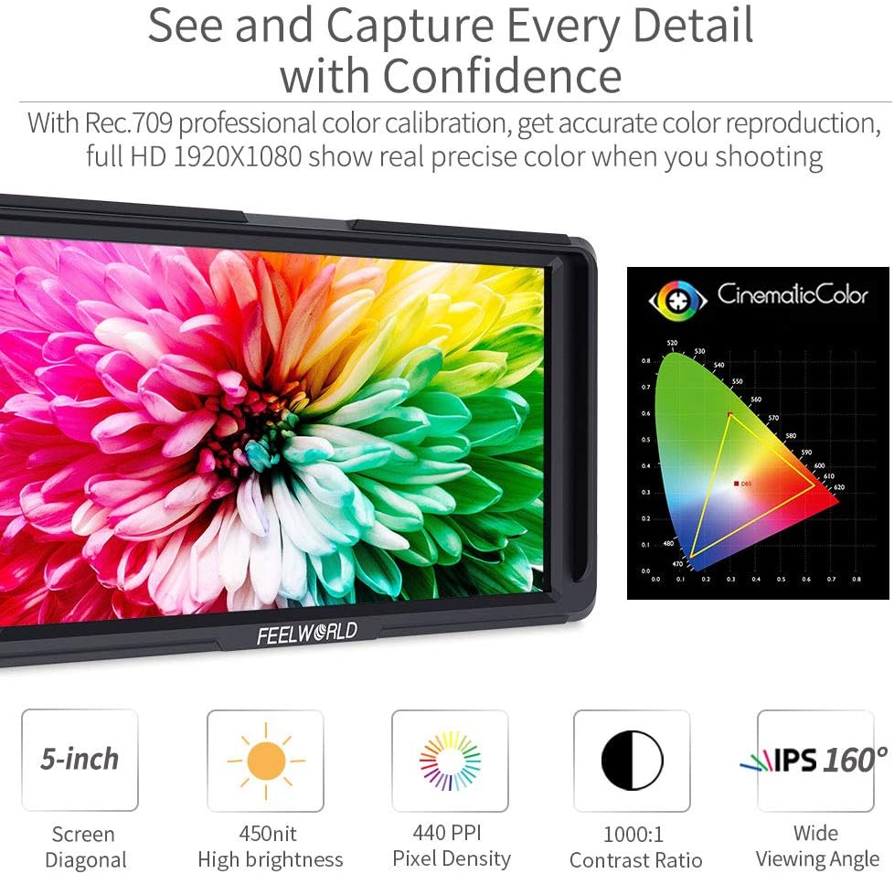 FEELWORLD F5 5 Inch DSLR On Camera Field Monitor Small Full HD 1920x1080 IPS Video Peaking Focus Assist with 4K HDMI 8.4V DC Input Output Include