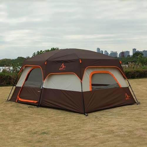 KTT Extra Large Tent 10-12-14 Person(Style-B),Family Cabin Tents,2 Rooms,3 Doors and 3 Windows with Mesh,Straight Wall,Waterproof,Double Layer