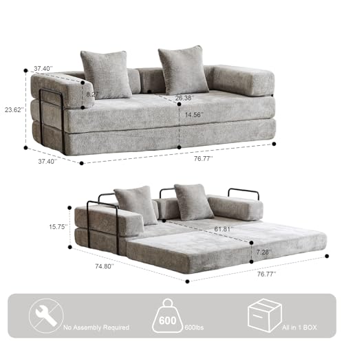 Convertible Sleeper Sofa Bed with Cylindrical Pillow, Corduroy Folding Mattress Couch with Fixed-Shape Frame