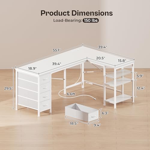 Huuger 63 Inch L Shaped Desk with Fabric Drawers, Reversible Computer Gaming Desk with Power Outlets and USB-C Port, Adjustable Side Storage Shelves