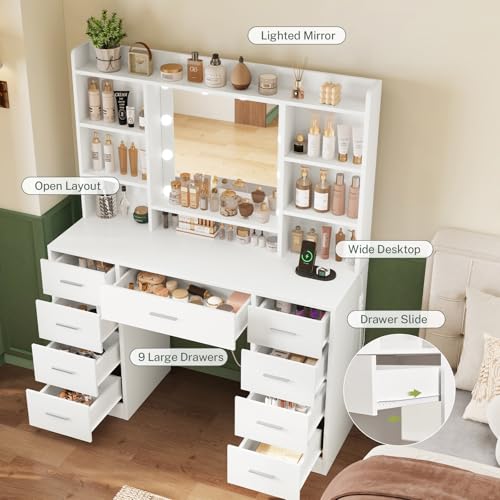 Vanity Desk with Mirror and Lights, Power Outlet, Makeup Vanity with 9 Drawers & 6 Open Storage Shelves, 3 Lighting Modes Brightness Adjustable, White