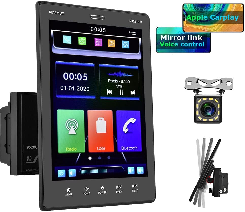 Podofo Double Din Car Radio with Carplay, HD 9.5 Vertical Touch Screen Car Stereo with Bluetooth/Backup Camera, Support Mirror Link/USB/FM/SWC