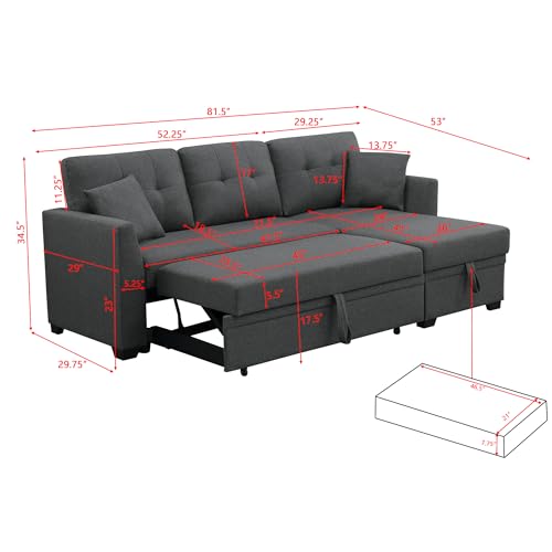 L-Shaped Pull Out Sleep Sofabed,Modern Reversible Sleeper Sectional Sofa Chenille Upholstered Button Tufted Decor with Storage Chaise