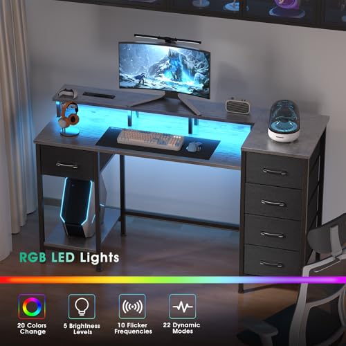 47 Inch Computer Gaming Desk with Power Outlets LED Lights Reversible Home Office with Adjustable Fabric Storage Drawers for Working Writing Study