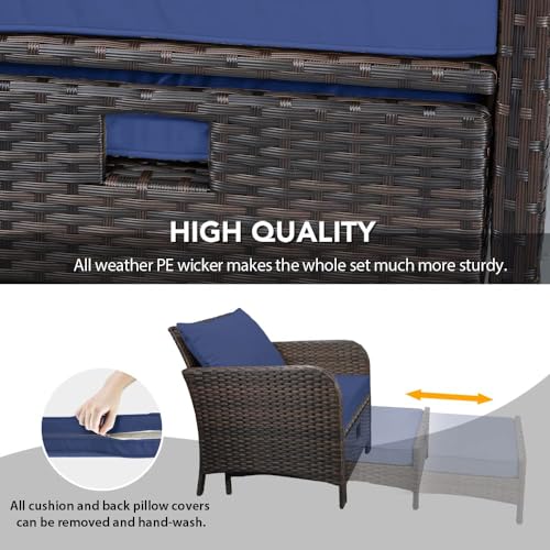 LEVELEVE Balcony Furniture 5 Piece Patio Conversation Set, PE Wicker Rattan Outdoor Lounge Chairs with Soft Cushions 2 Ottoman&Glass Table for Porch