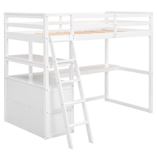 Harper & Bright Designs Twin Size Loft Bed with Wardrobe, Desk and Multiple Storage Shelves, Solid Wood Loft Bed Frame with Bookshelf
