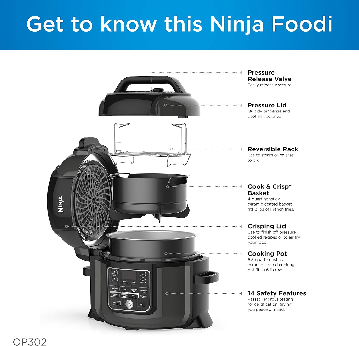 NINJA Foodi Cooker, Steamer & Air w/TenderCrisp Technology Pressure Cooker & Air Fryer All-in-One, 6.5 quart w/dehydrate, Black/Gray (Renewed)
