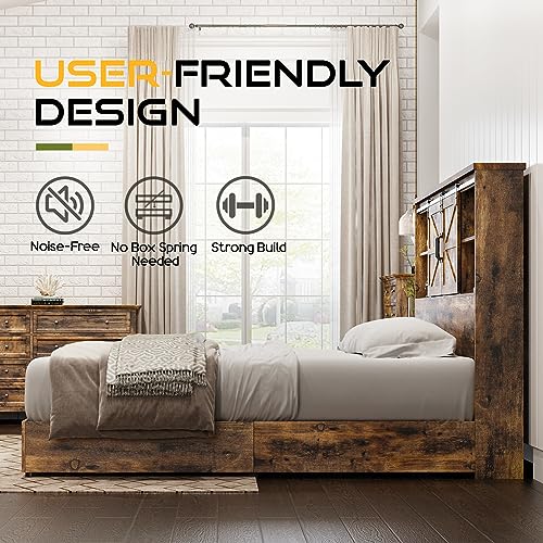 HOWE King Size Bed Frame, Wood Platform Bed Frame with 51.2" Bookcase Headboard, Storage Bed with Sliding Barn Door Charging Station 2 Drawers