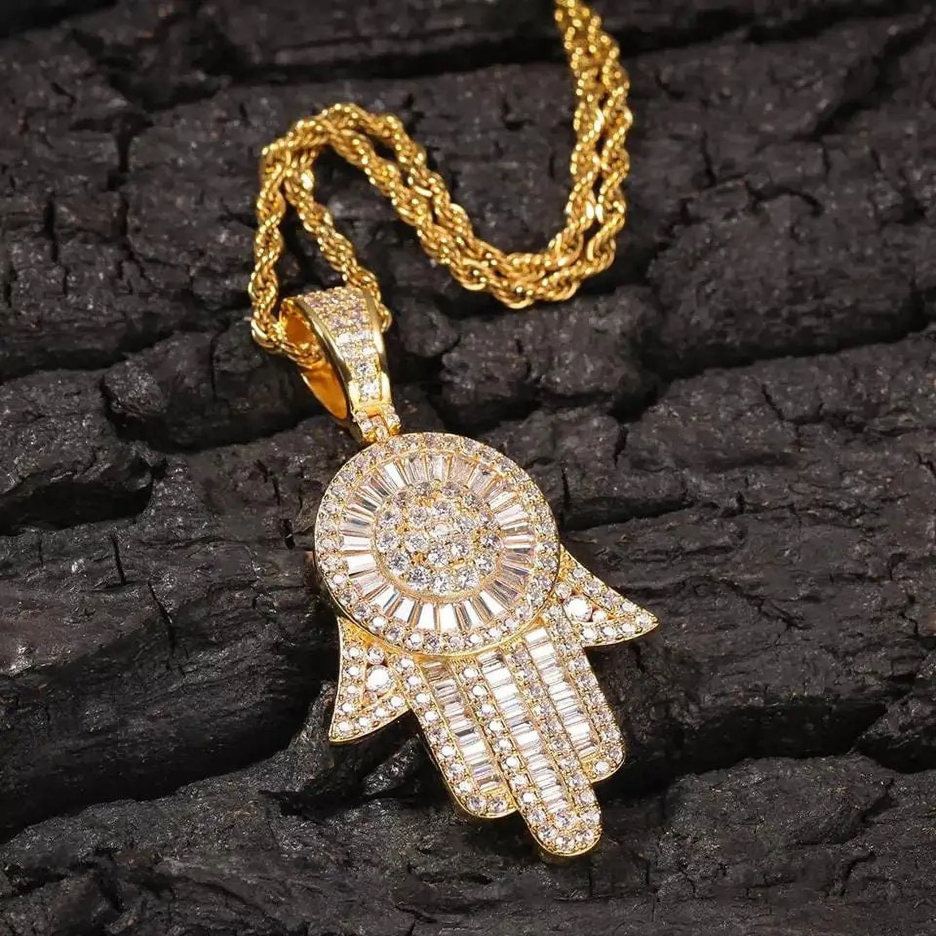14K Gold Over Finish Simulated Diamond Iced Out Hip Hop Baguette Hamsa Hand of Fatima Evil Eye Protection Charm Pendant Necklace, Gift