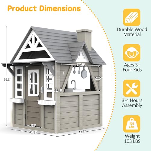 Kids Playhouse Outdoor,Wooden Play House Playset for Kids, Large, Sturdy, Realistic Design with Kitchen, Doorbell, Flower Pot, Stove, Sink & Clock
