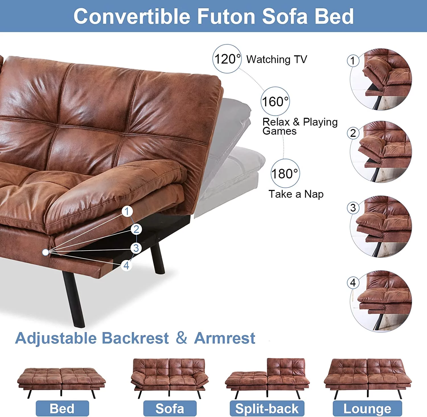 RUNFAYBIU Futon Sofa Bed Memory Foam Futon Couch Bed Sofa Sleeper Modern Convertible Faux Leather Futon for Living Room Small Love seat for Apartment