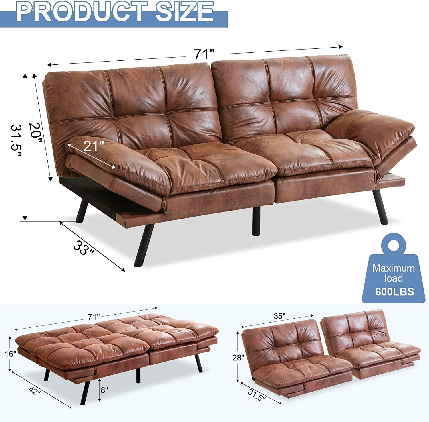 RUNFAYBIU Futon Sofa Bed Memory Foam Futon Couch Bed Sofa Sleeper Modern Convertible Faux Leather Futon for Living Room Small Love seat for Apartment