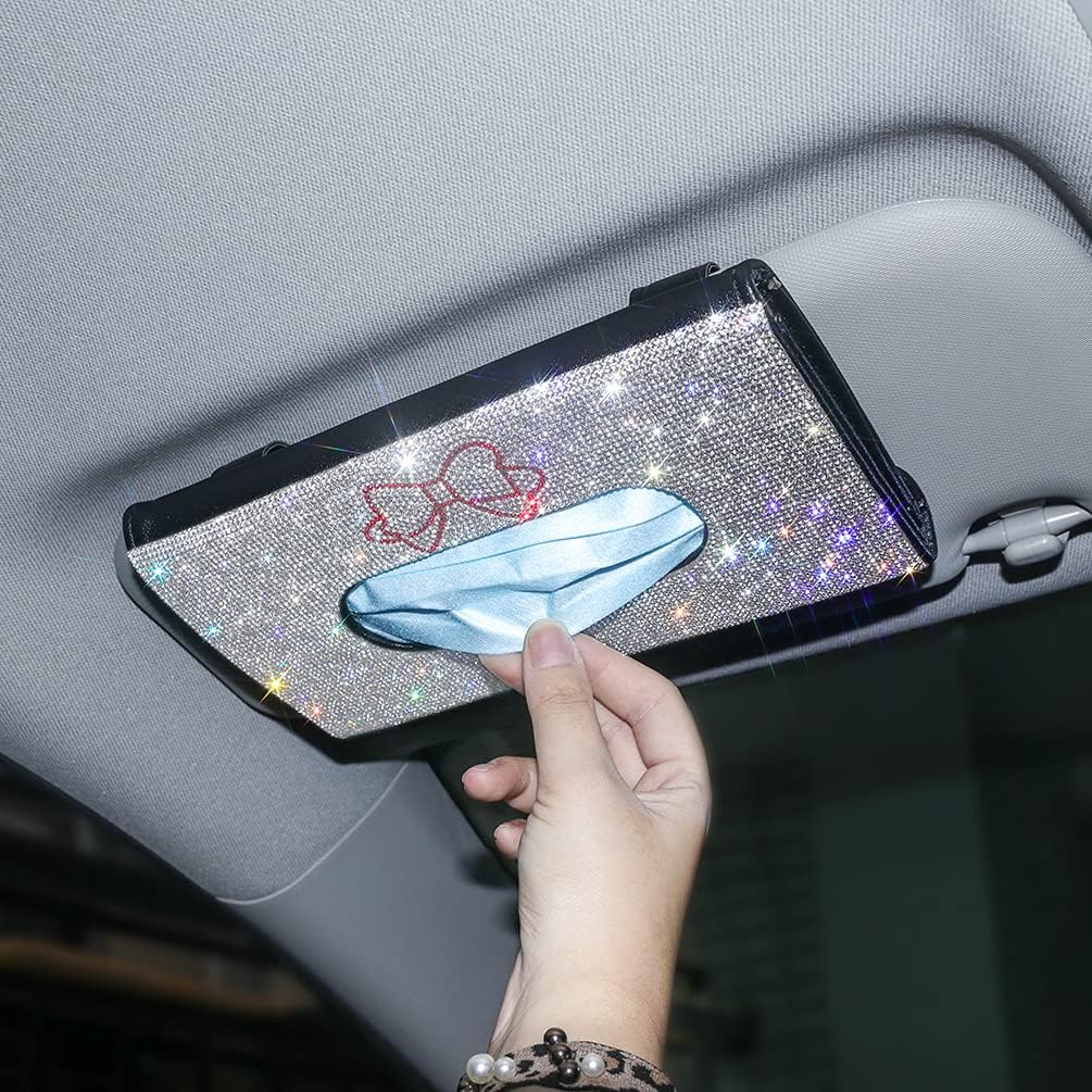 Lady Crystal Glitter Sparkly Car Visor Mask Holder Red Queen Crown Tissue Box Holder for Sun Visor Napkin Holder Paper Towel Cover Case with Bling