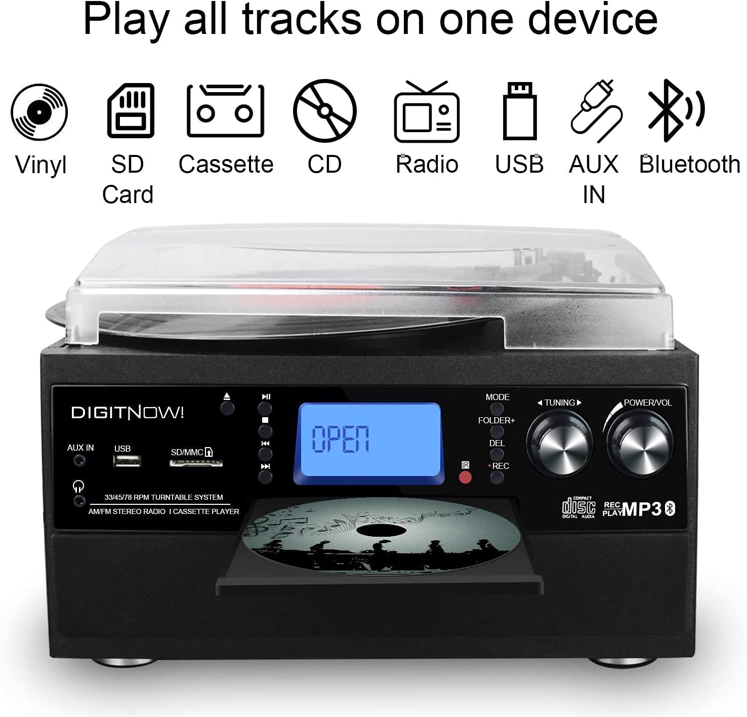 DIGITNOW Bluetooth Record Player Turntable with Stereo Speaker, LP Vinyl to MP3 Converter with CD, Cassette, Radio, Aux in and USB/SD Encoding