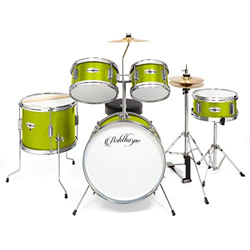 Ashthorpe 5-Piece Complete Junior Drum Set with Genuine Brass Cymbals - Advanced Beginner Kit with 16" Bass, Adjustable Throne, Cymbals, Hi-Hats
