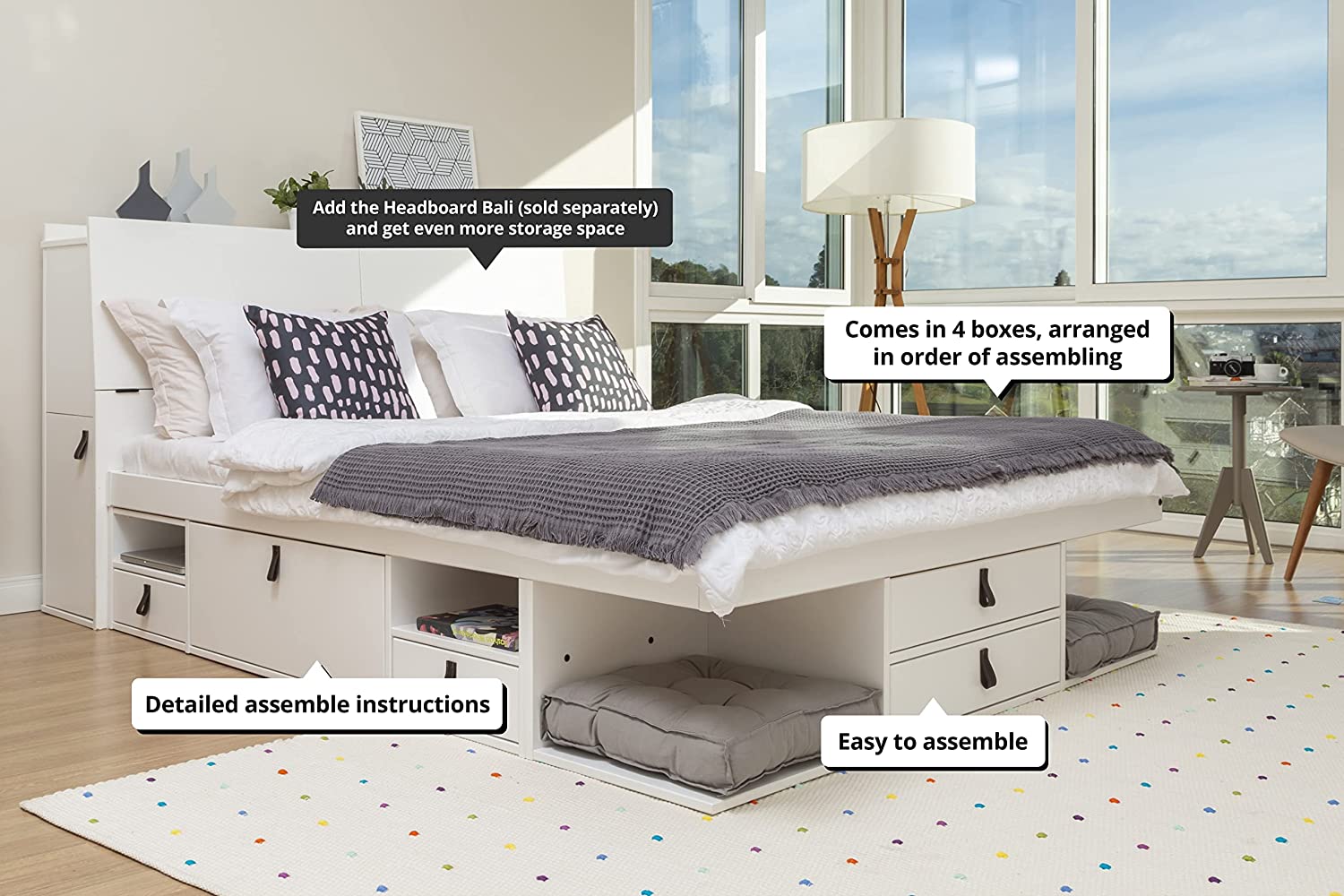 Memomad Set Bali White: Storage Bed Super King 6FT (180x200 cm) + Headboard 205 + Slatted Frame. Sturdy double bed frame and headboard with drawers