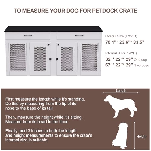 71 Inch Dog Crate Furniture for 2 Dogs, XXL Double Cage with Removable Divider & Large Doors, Heavy Duty Wooden Dog Kennel, Indoor Pet House (Black