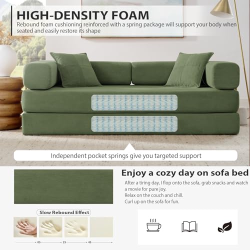 4-in-1 Folding Convertible Sofa Bed, 78 Inch Boneless Couch with Fixed-Shape Frame, Corduroy Loveseat Sleeper with Pull Out Bed
