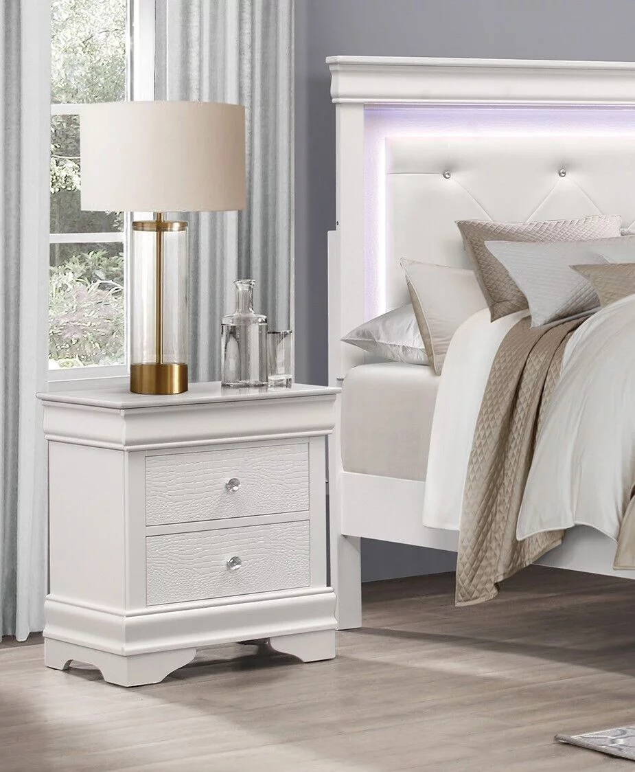 Glamorous Style White Finish Full Size Bed Tufted LED Lighting Headboard and Nightstands Textural Panels Modern Bedroom 3pc Set