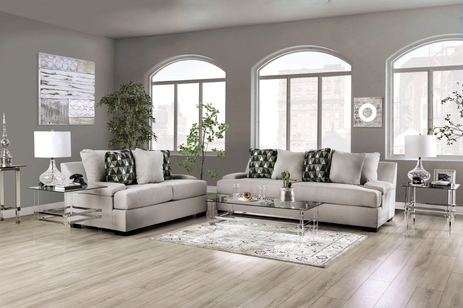 Transitional Light Gray Chenille Sofa and Loveseat Furniture of America Reigate